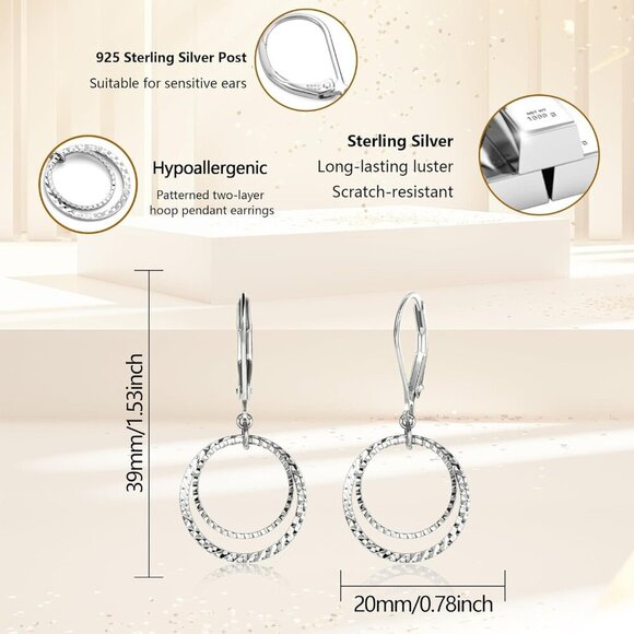 Sterling Silver Circle Leverback Textured Drop Hammered Earrings for Women - Picture 6 of 7